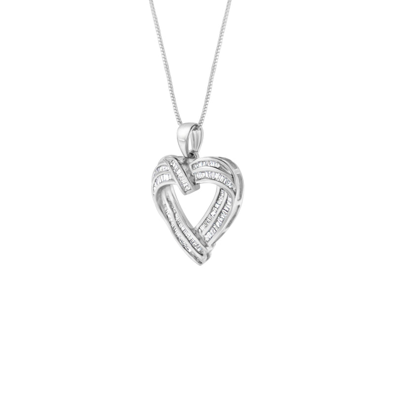 Sterling Silver 7/8 Cttw Baguette Diamond Heart Pendant Necklace (I-J, I2-I3)