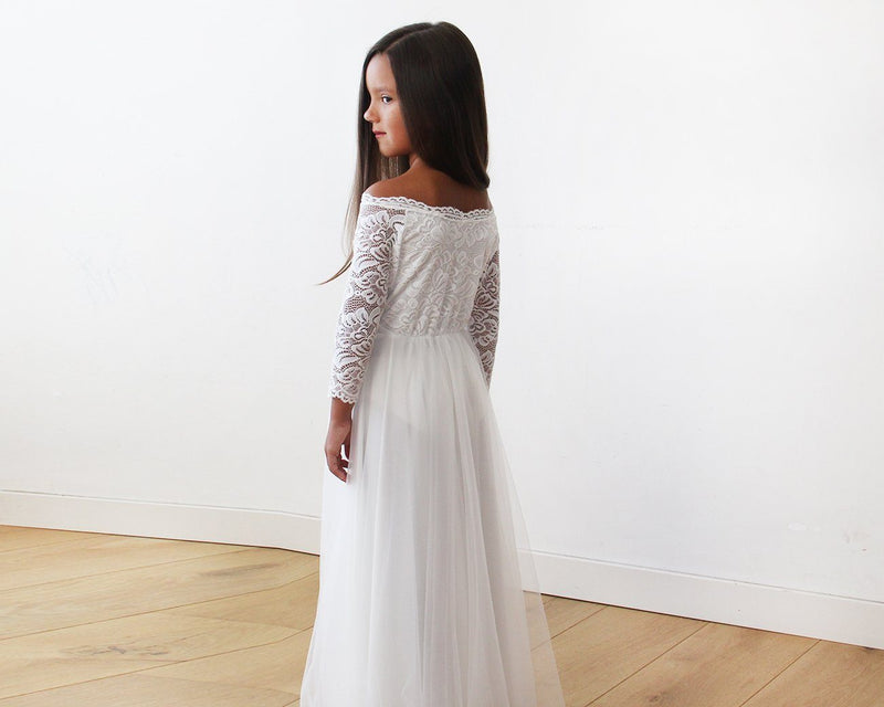 Ivory Off-The-Shoulder Lace and Tulle Maxi Girls Gown 5040