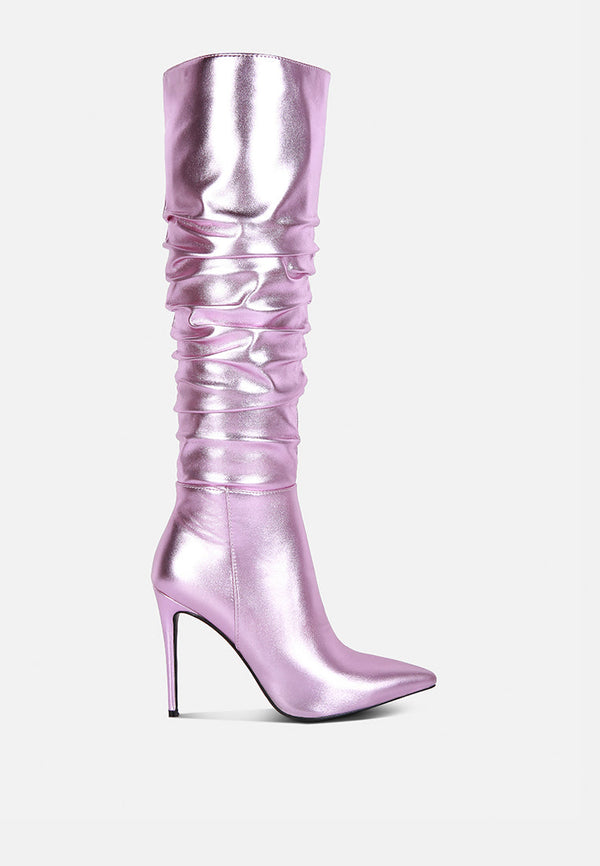 New Expression Metallic Ruched Stiletto Calf Boots