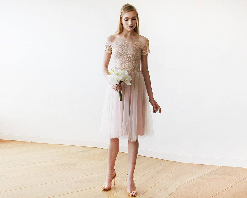 Short Wedding Dress ,Off-The-Shoulders Blush Pink Tulle & Lace Midi Dr Boho Jeans Short Wedding Dress ,Off-The-Shoulders Blush Pink Tulle & Lace Midi Dr Boho Jeans