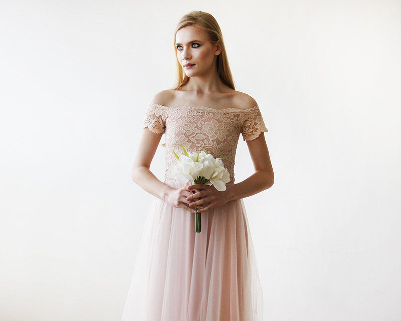 Short Wedding Dress ,Off-The-Shoulders Blush Pink Tulle & Lace Midi  Dress  #1153