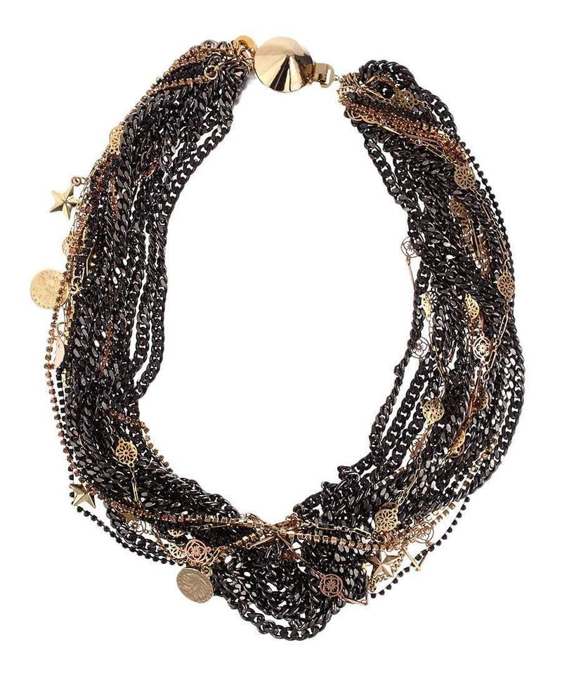 Beaded and Swarovski Adorned Crystal Necklace in Gun Metal and 18kt Gold Plated.