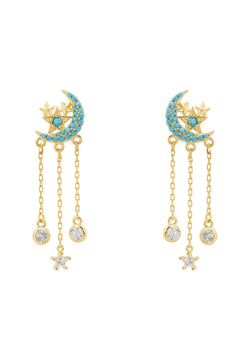 Lunar Moon Chain Drop Earrings Gold Turquoise