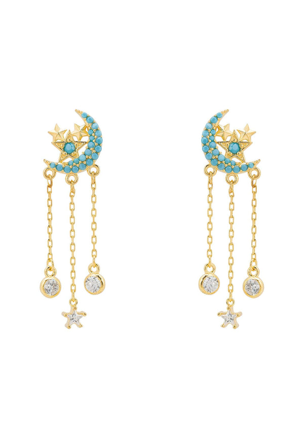 Lunar Moon Chain Drop Earrings Gold Turquoise