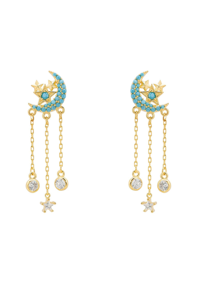 Lunar Moon Chain Drop Earrings Gold Turquoise