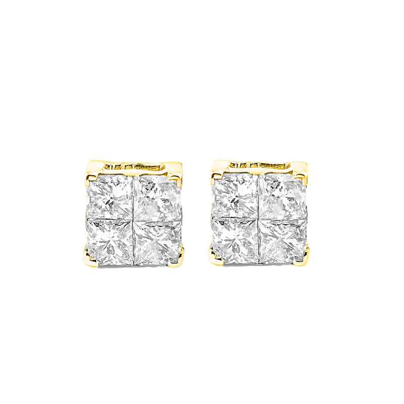 10K Yellow Gold Plated .925 Sterling Silver 1.0 Cttw Princess-Cut Diamond Composite Multi Stone Stud Earrings (J-K Color