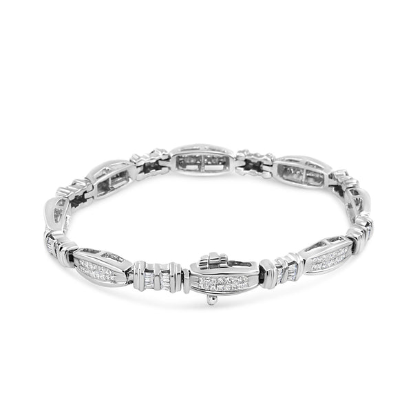 14K White Gold 2.0 Cttw Channel-Set Alternating Baguette and Princess-Cut Diamond Link Bracelet (H-I Color, SI2-I1 Clari