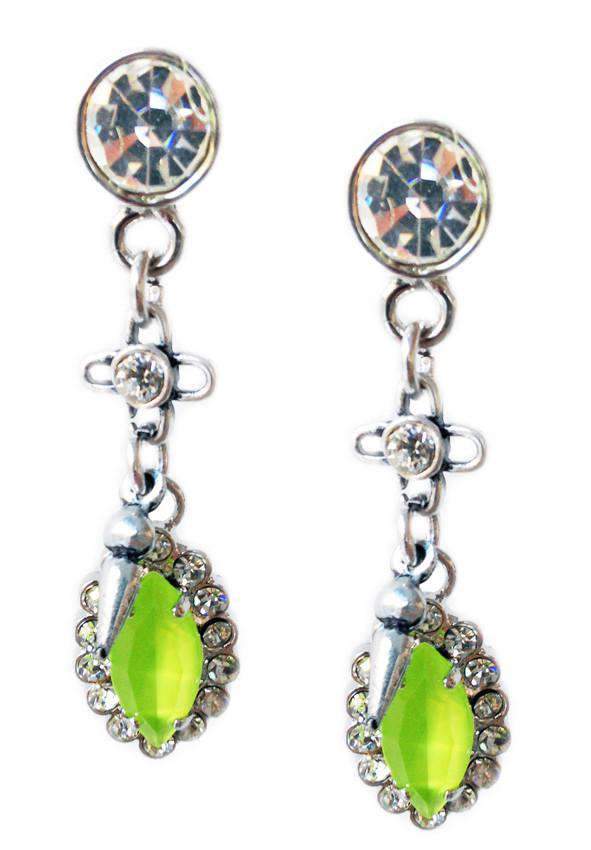 Lime Green Swarovski Crystal Dangle and Drop Earrings With Rhinestones, Rhodium and Antique Silver Plated Brass.