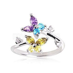 .925 Sterling Silver Multi Color CZ Butterflies Toe Ring