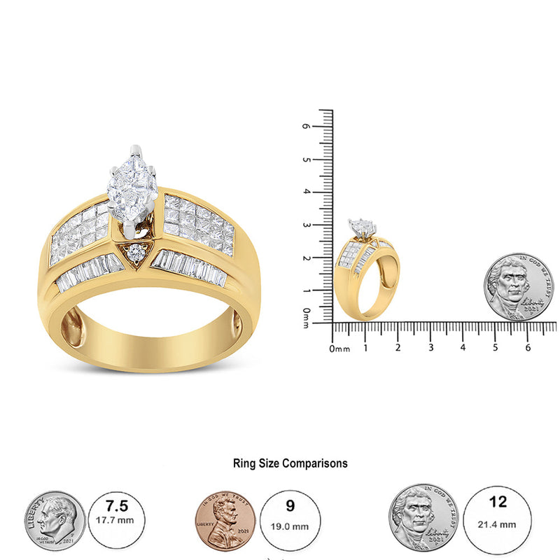 14K Yellow and White Gold 1 3/4 Cttw Round, Baguette, Princess and Pie-Cut Diamond Ring (H-I Color, SI1-SI2 Clarity)
