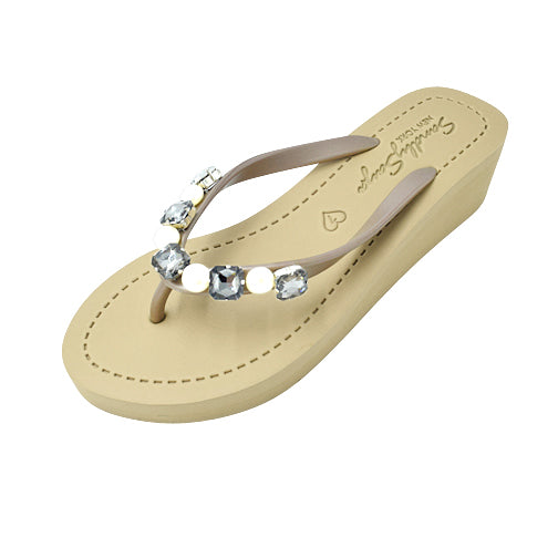 Beach Pearl - Crystal & Beads Mid Wedge Flip Flops Sandals
