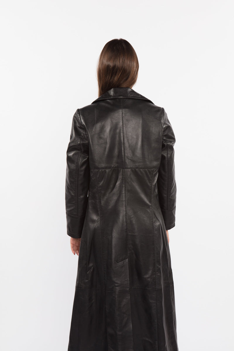 Ladies 3 Button Matrix Black Full Length Leather Coat