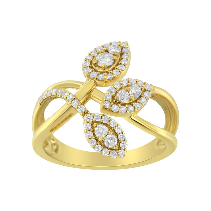 10K Yellow Gold 1/2 Cttw Round-Cut Diamond Layered Crossover Triple Leaf Bypass Ring (I-J Color, I1-I2 Clarity) - Size 9