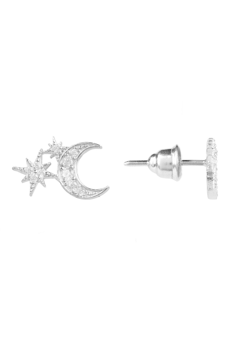 Moon and Starburst Small Stud Earrings Silver