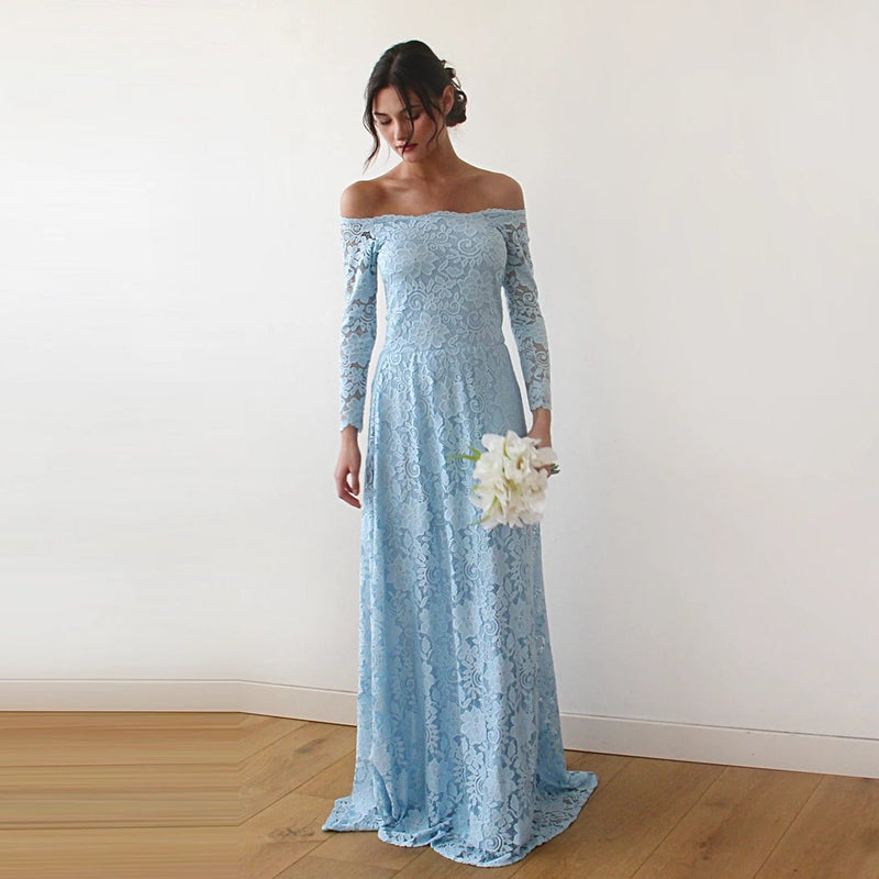 Light Blue Off-The-Shoulder Floral Lace Long Sleeve Maxi Dress 1119