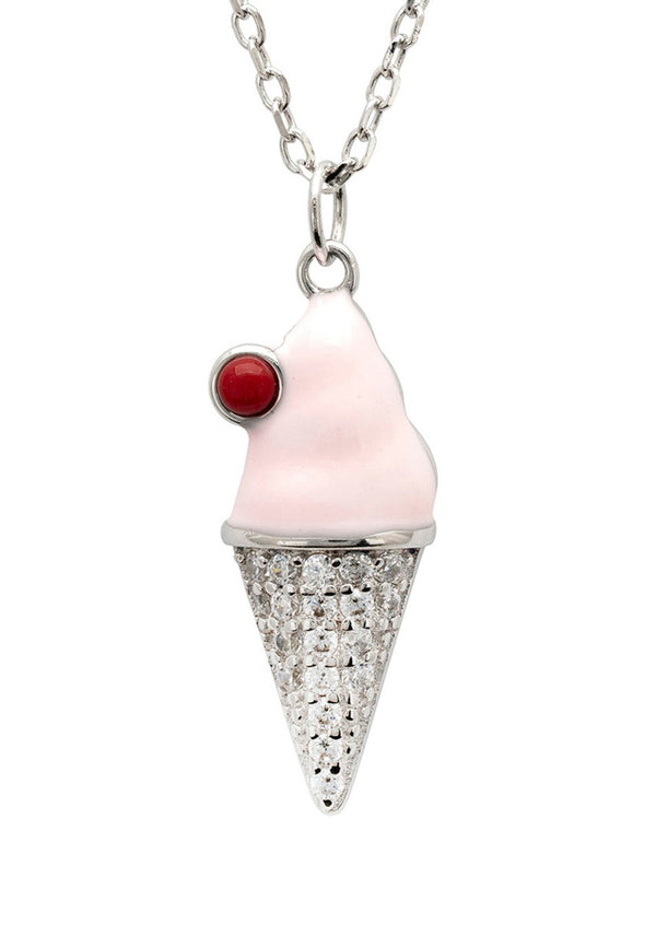 Ice Cream Cone Enamel Necklace Silver