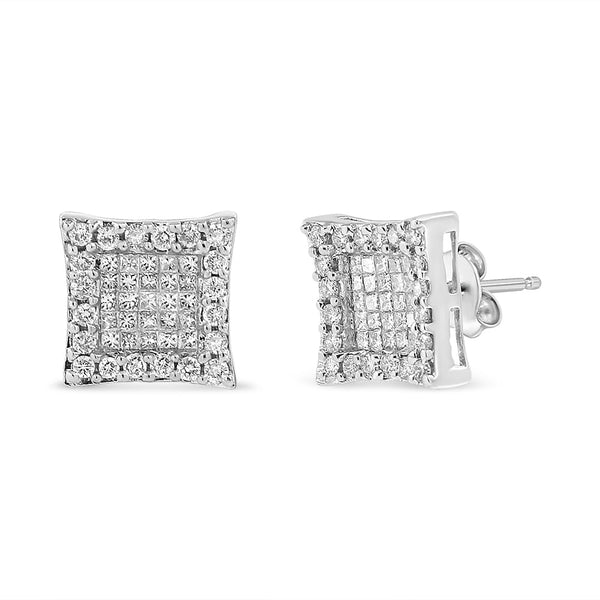 14K White Gold 1.00 Cttw Princess and Round-Cut Diamond Square Stud Earrings (G-H Color, SI1-SI2 Clarity)