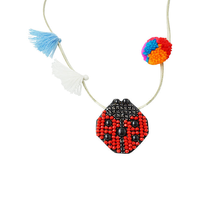 Ladybug Kids Pom Pom Necklace-Red and Yellow Embellished Motifs