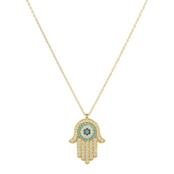 Hamsa Hand with Evil Eye Pendant Necklace Gold