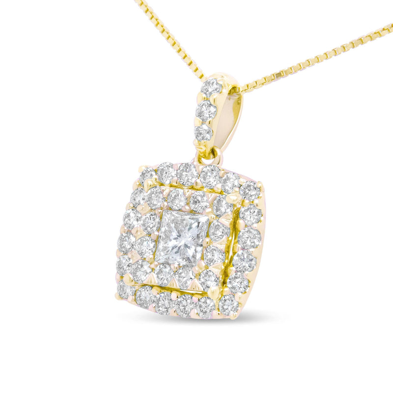 14K Yellow Gold 1/2 Cttw Round and Princess-Cut Diamond Double Halo 18" Pendant Necklace  (H-I Color, SI2-I1 Clarity)