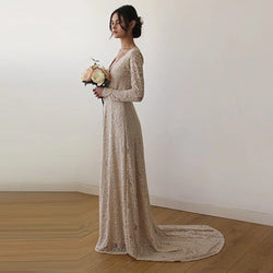 Champagne Wrap Floral Lace Long Sleeve Gown With a Train 1151