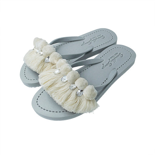 White Pom Pom Fringe - Embellished Flat Flip Flops Sandal