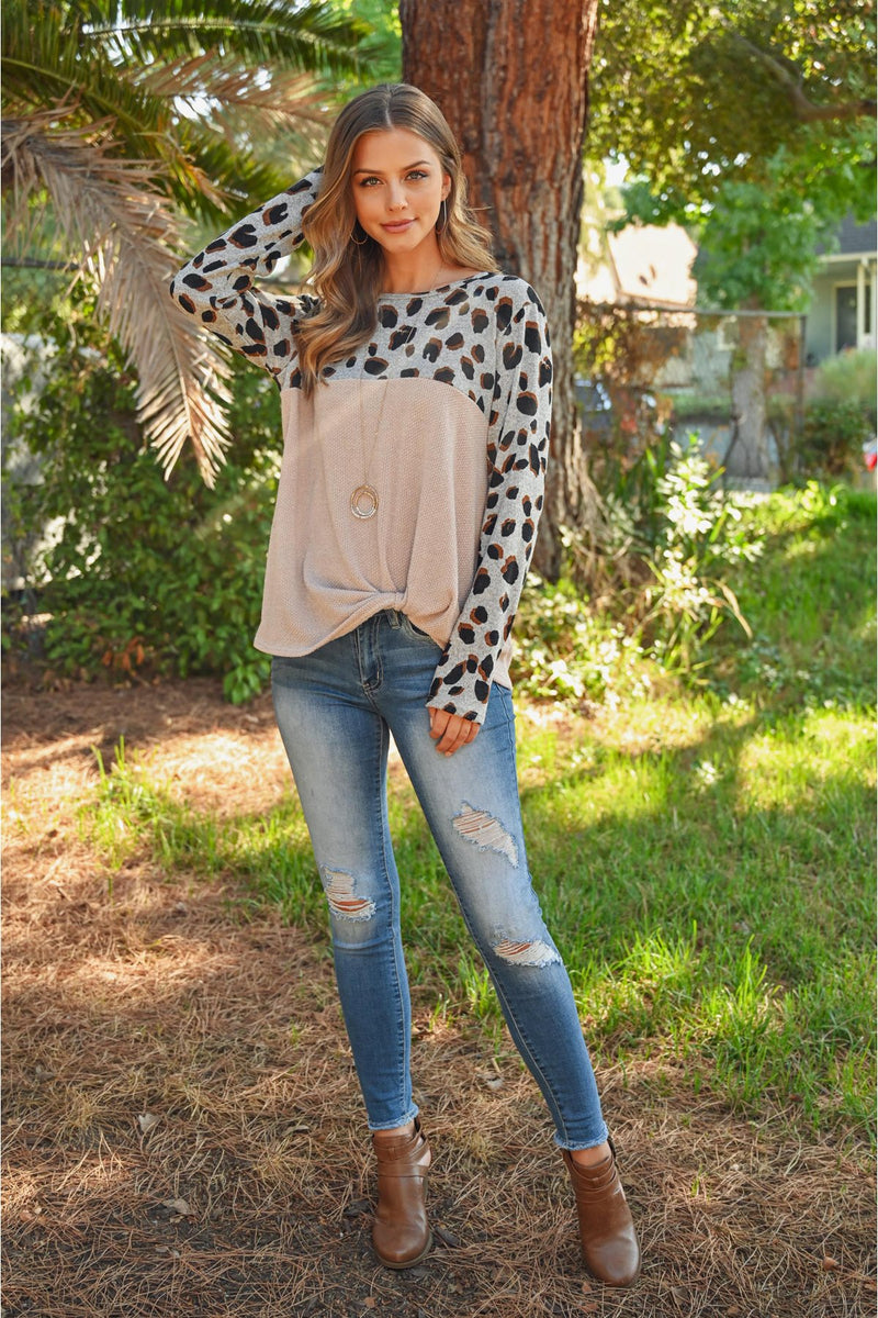Leopard Long Sleeved Drake Contrast Knot Top