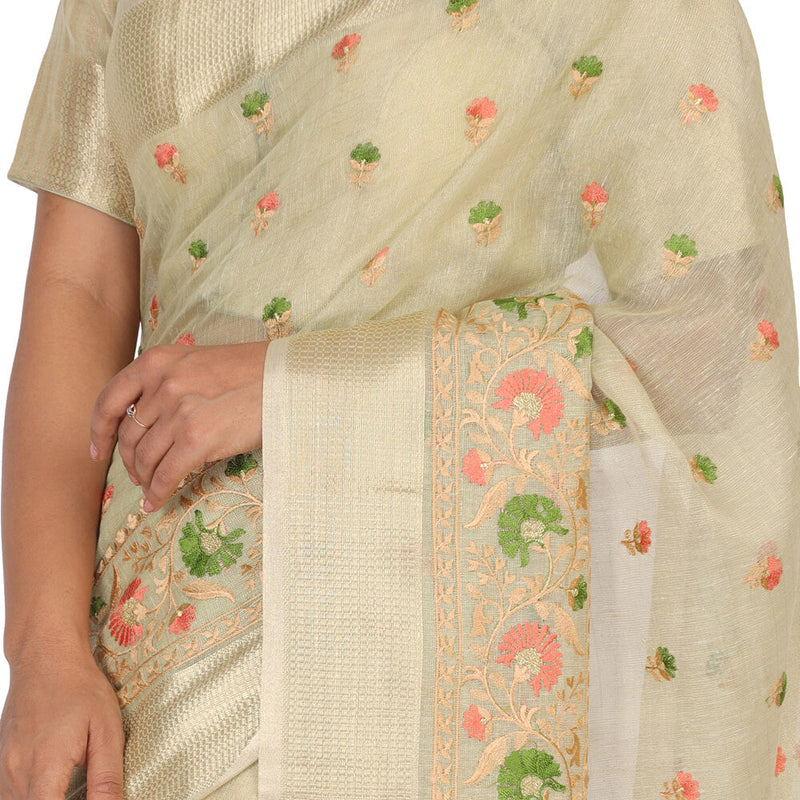 Tissue Banarasi Saree With Embroidery - Cream