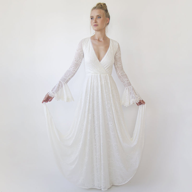 Ivory Wrap Lace Wedding Dress With Long Poet Sleeves #1364