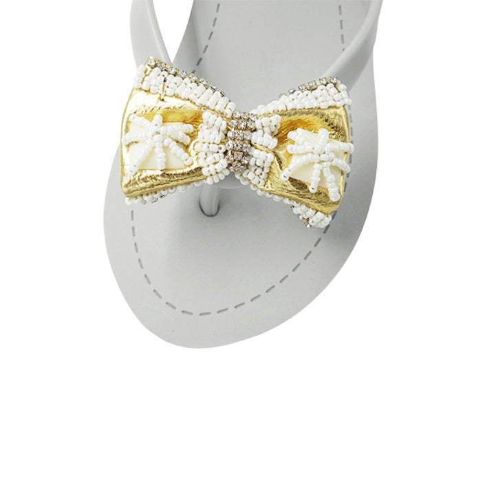 Gold and Pearl Bow- Embellished Women's High Wedge Flip Flops Sandal