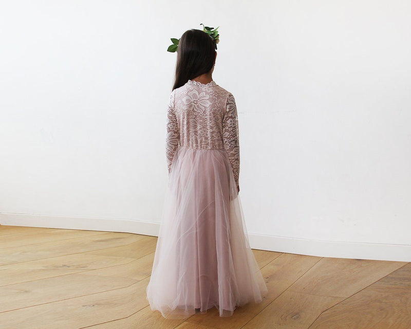 Tulle and Lace Long Sleeves Pink Flower Girls Gown 5043