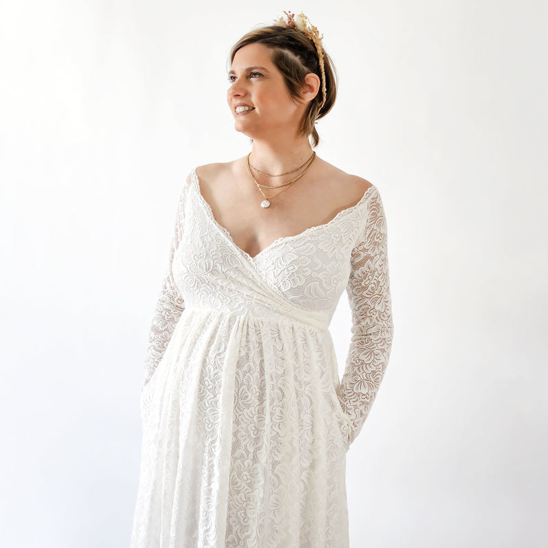 Maternity Off the Shoulder Wrap Dress, With Pockets,  Ivory Lace Long Sleeves