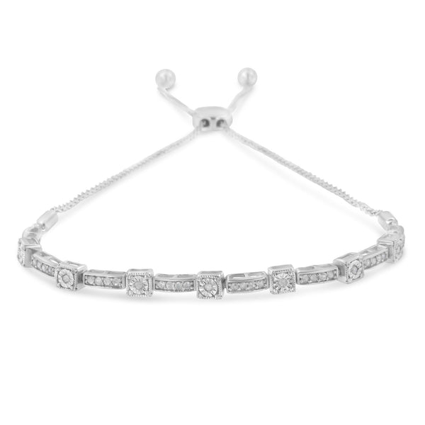 .925 Sterling Silver 1/4 Cttw Diamond Art Deco Milgrain Square Station & Bar Style Adjustable Bolo 6"-9" Bracelet (H-I C