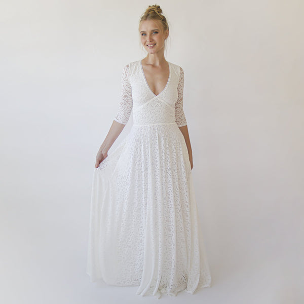 Empire Waist Maxi Dress ,Bohemian V-Neckline ,Ivory Wedding Dress  #1366