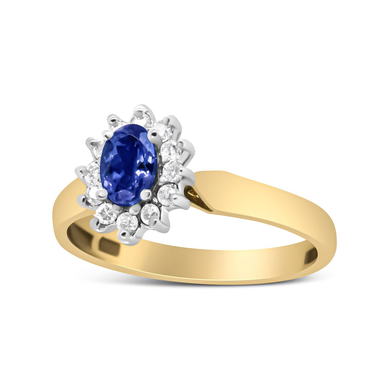 14K Yellow Gold 1/5 Cttw Round Diamond and 6x4mm Oval Blue Tanzanite Halo Ring (H-I Color, I1-I2 Clarity) - Size 7.75
