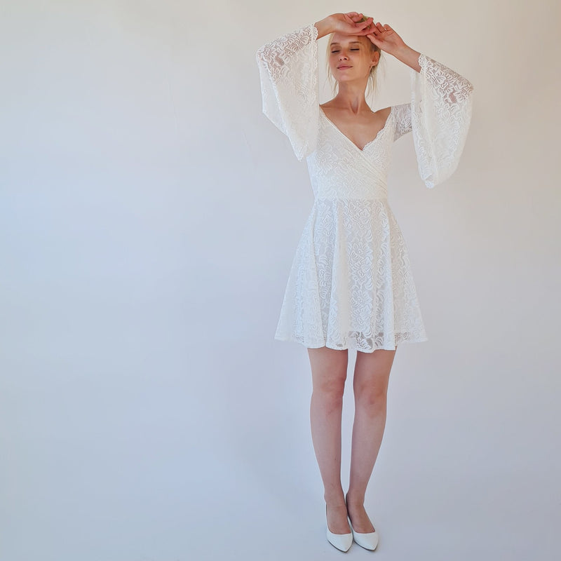 Short Wedding Dress, Off the Shoulder Mini Length Wedding Dress With Bell Sleeves  #1370