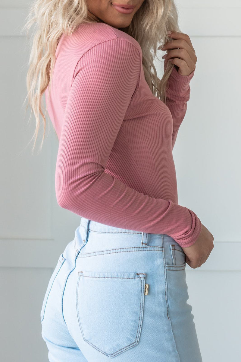 Get the Look Ribbed Bodysuit- Pink