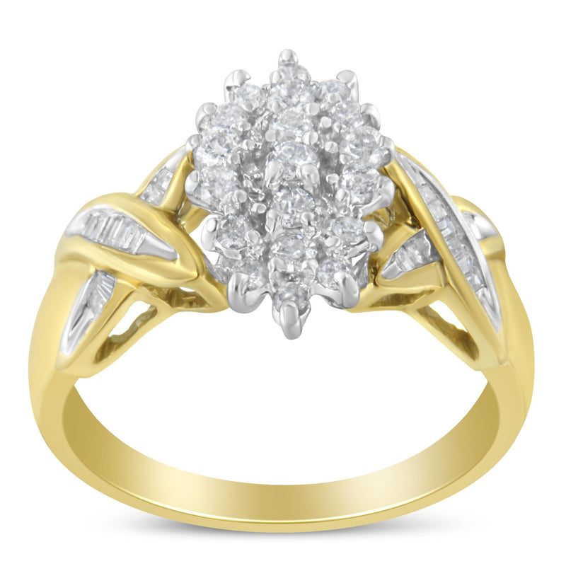 10K Two-Toned Round Baguette Diamond Cluster Ring (1/2 Cttw, I-J Color, I2-I3 Clarity) - Size 7