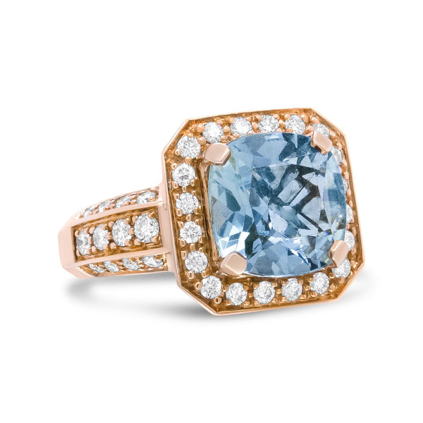 18K Rose Gold 10x10mm Cushion Shaped Aquamarine and 1 1/8 Cttw Round Diamond Halo Ring (F-G Color, VS1-VS2 Clarity) - Ri