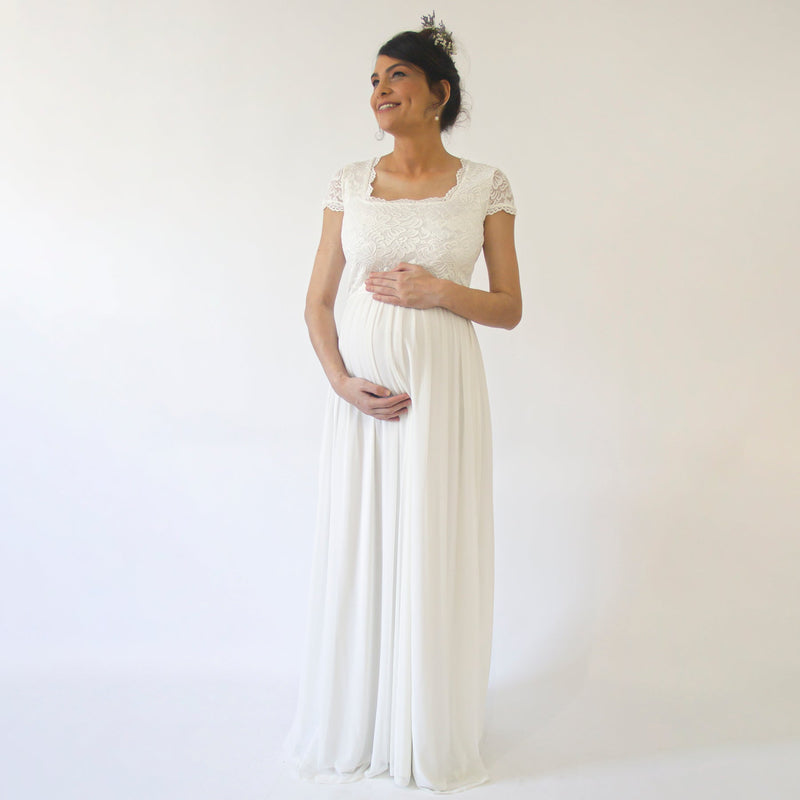 Maternity Ivory Bohemian Square Neckline, Cape Sleeves Dress #7013