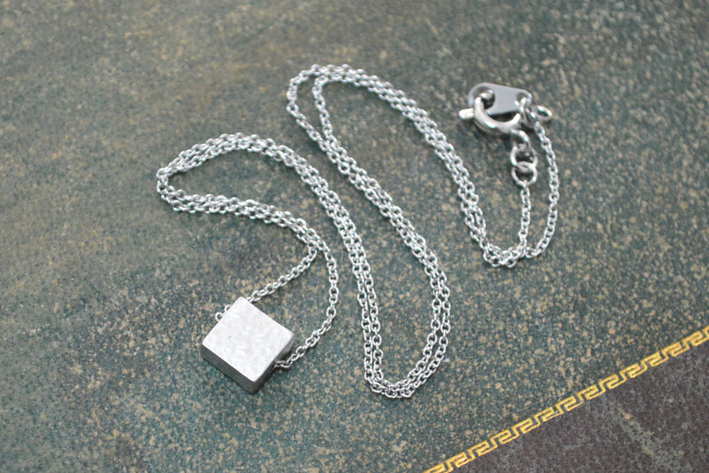 White Gold Hammered Square Necklace
