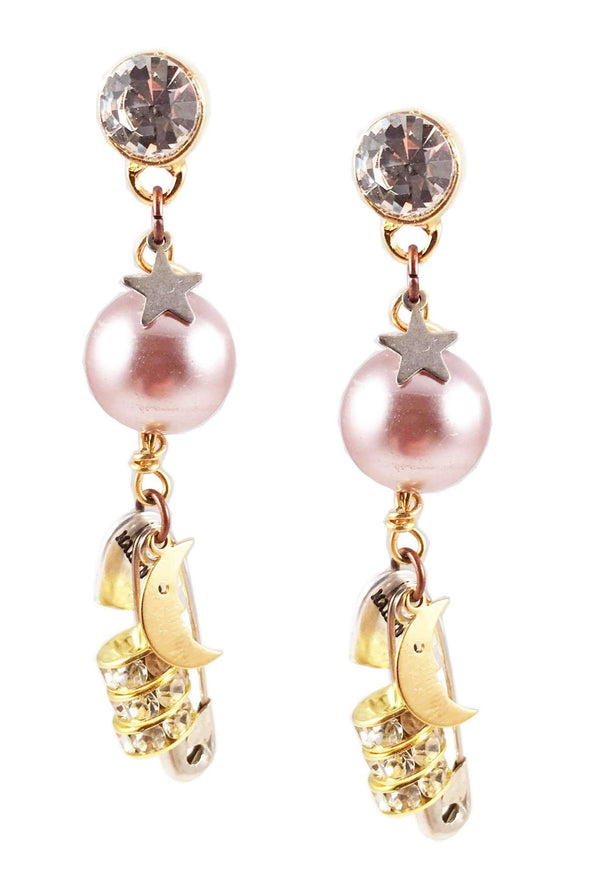 18kt Gold Plated and Crystals Dangle and Drop Earrings With Pearls and Safety Pins. Perfect for Parties, Spring, Summer