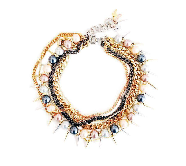 Multi Strand Necklace With Big Colorful Pearls, Swarovski Crystals, Brass Chains and Studs. Trendy Necklace, Trendy Jewe