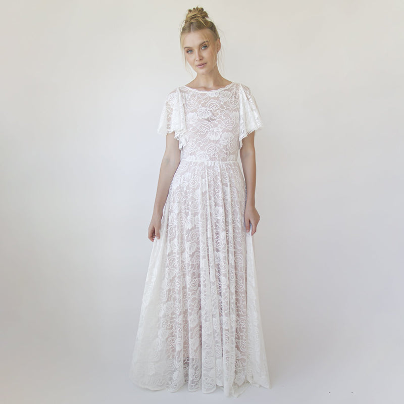 Lace Ivory Flutter Sleeve Dress , With a Separate Blush Underlining Dress  #1368