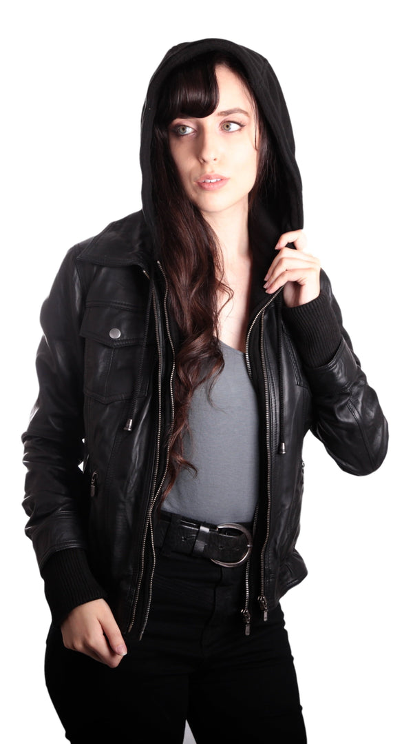 Hooded Bomber Womens Leather Jacket