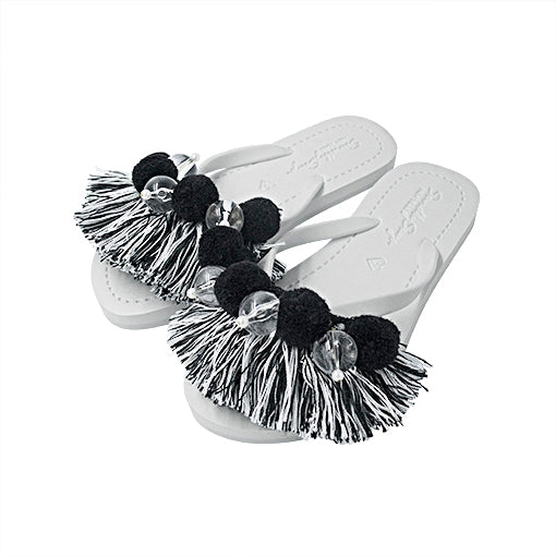 Black Pom Pom Tassel -Flat Flip Flops Sandal