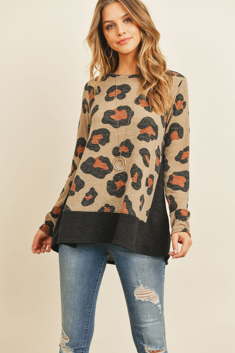 Leopard Long Sleeves Bottom and Side Contrast Top