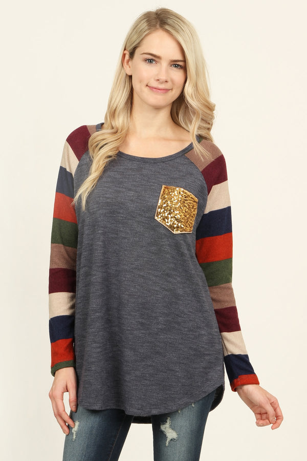 Sequin Pocket Striped Sleeve Tunic
