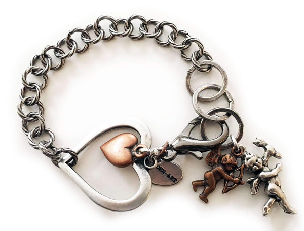 Heart and Cupid Bracelet in Brass and Silver. Perfect for Valentines Day, Valentines Day Gift, Gift for Her. In 2 Colors