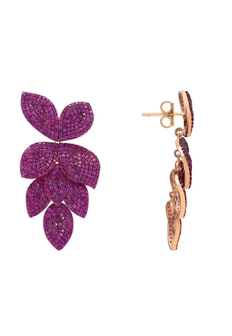Petal Cascading Flower Earrings Rosegold Ruby Cz